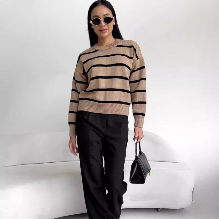 Women's Striped Color-Block Loose Pullover Top – Long Sleeve