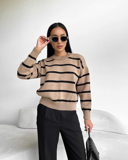 Women's Striped Color-Block Loose Pullover Top – Long Sleeve