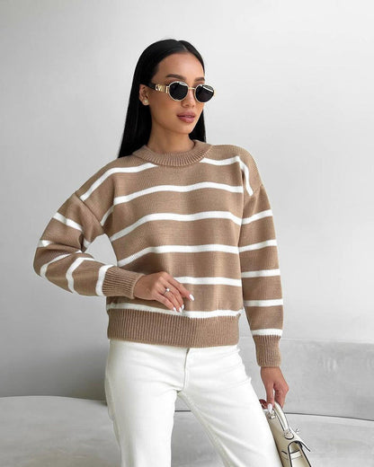 Women's Striped Color-Block Loose Pullover Top – Long Sleeve