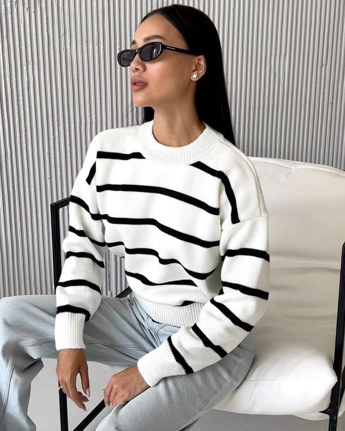 Women's Striped Color-Block Loose Pullover Top – Long Sleeve